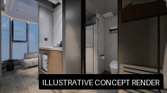 Illustrative concept render of a Residence Edition kitchen and living space