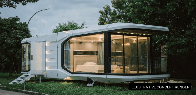 Illustrative concept render of the MIR Capsule rectangular home exterior