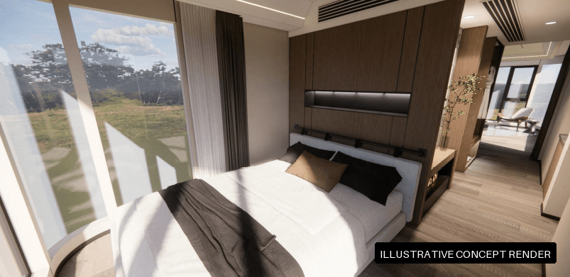 Illustrative concept render of a Glamping Edition bedroom with panoramic glass