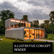 Illustrative concept render of MIR capsule units in a landscape