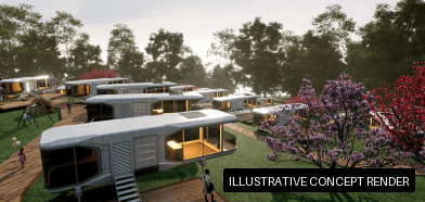 Illustrative concept render of a MIR capsule home in nature