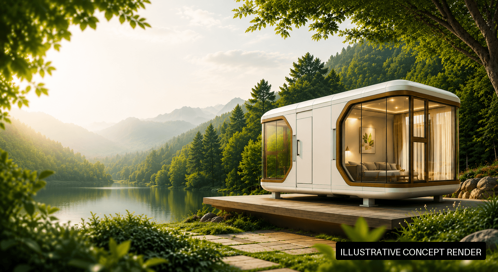 Illustrative concept render of a MIR Maisons capsule home in a natural setting