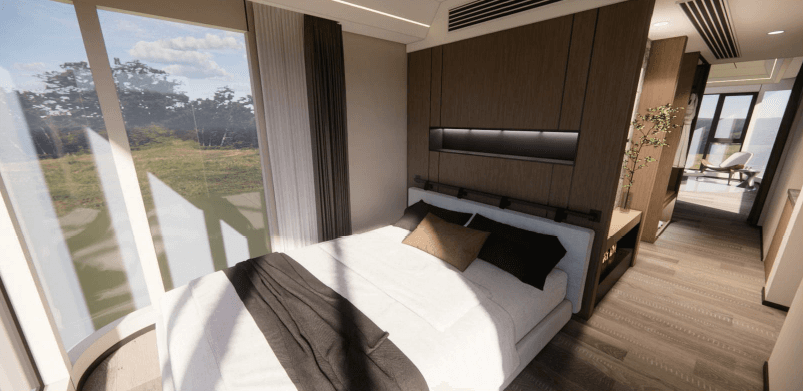 Glamping Edition bedroom with panoramic glass and mood lighting