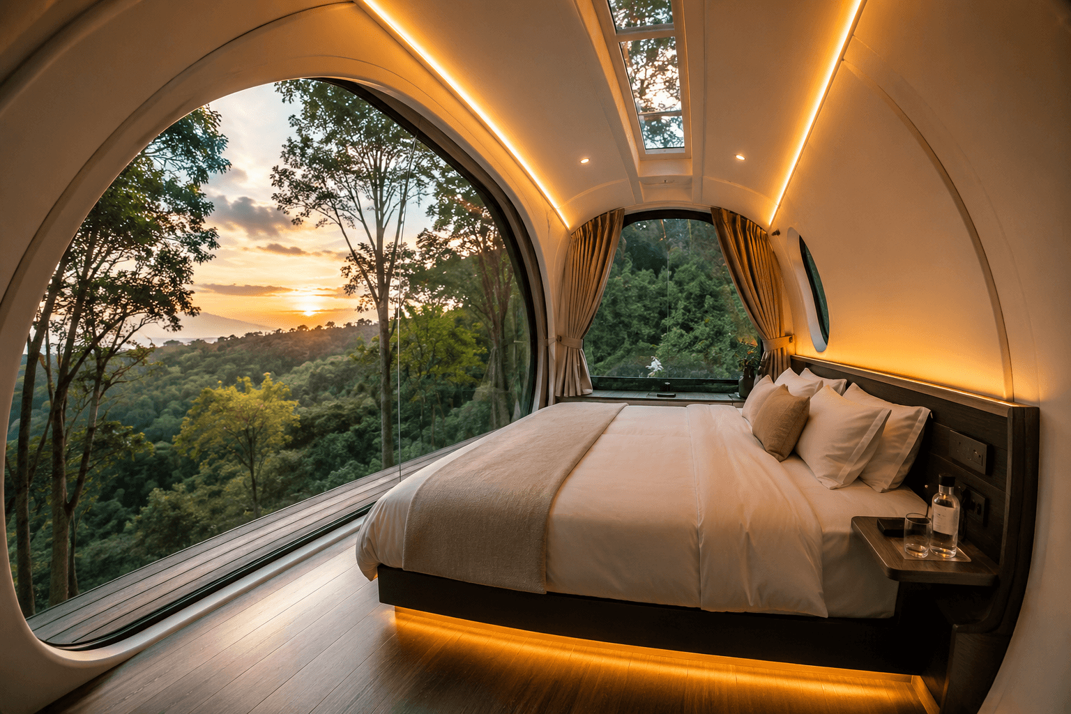 Glamping Edition bedroom with panoramic glass and mood lighting