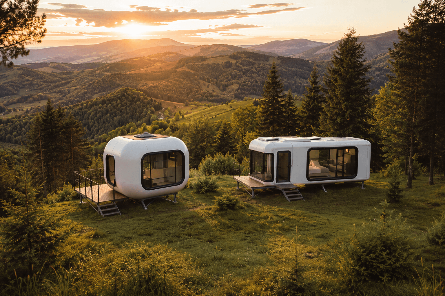 Scenic Romanian land with MIR capsule units deployed as a revenue-generating destination